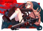  1girl absurdres arm_up black_dress black_footwear black_gloves black_skirt blonde_hair blue_eyes breasts chuunibyou dress eyepatch eyepatch_lift gloves glowing glowing_eye goddess_of_victory:_nikke guillotine_(nikke) gun half_gloves hand_over_eye highres inugressive loafers long_hair machine_gun military military_uniform red_eyes shoes sitting skirt small_breasts solo spread_fingers standing uniform wavy_hair weapon 