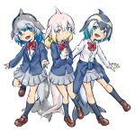  3girls alternate_costume black_hair black_socks blonde_hair blowhole blue_eyes blue_hair blue_jacket blush bow bowtie brown_footwear cetacean_tail chinese_white_dolphin_(kemono_friends) clothes_around_waist collared_shirt common_bottlenose_dolphin_(kemono_friends) common_dolphin_(kemono_friends) dolphin_girl dorsal_fin fins fish_tail grey_eyes grey_hair grey_skirt hair_between_eyes head_fins highres jacket jacket_around_waist kemono_friends loafers long_sleeves looking_at_viewer matching_outfits miyu_uduki multicolored_hair multiple_girls open_mouth orange_hair pink_hair pleated_skirt red_bow red_bowtie school_uniform shirt shoes short_hair short_twintails sidelocks skirt smile socks tail twintails white_hair white_shirt 