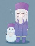  1girl :3 boots chibi closed_eyes coat commentary_request fate/stay_night fate_(series) full_body fur_hat grey_hair grey_scarf hat highres ichikawahonzen illyasviel_von_einzbern long_hair papakha purple_coat purple_headwear scarf simple_background smile snowman solo 