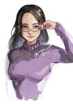  1girl bespectacled black_hair blue_eyes breasts commentary contemporary english_commentary forehead glasses highres long_hair medium_breasts nico_robin one_piece piro_(piropoi) purple_sweater semi-rimless_eyewear signature smile solo sweater turtleneck turtleneck_sweater twitter_username under-rim_eyewear upper_body 