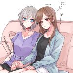  2girls anastasia_(idolmaster) brown_hair collarbone commentary_request couch eyebrows_visible_through_hair eyelashes grey_hair highres holding_hands idolmaster idolmaster_cinderella_girls interlocked_fingers looking_at_another love_laika_(idolmaster) multiple_girls nitta_minami on_couch sashiro shorts simple_background sitting sleepy translation_request white_background yuri 