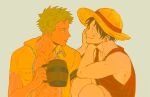  2boys abs black_eyes black_hair couple cup dark-skinned_male dark_skin eye_contact from_side green_hair hat head_rest holding holding_cup jacket looking_at_another male_focus monkey_d._luffy multiple_boys nok_(nok_1) one_piece open_clothes open_jacket parted_lips profile roronoa_zoro scar scar_on_cheek scar_on_chest scar_on_face short_hair sideburns smile straw_hat unzipped upper_body yaoi yellow_jacket 