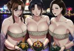  3girls bandeau bare_shoulders black_eyes black_hair blue_eyes bracelet breasts brown_bandeau brown_eyes brown_hair candle collar commentary condom condom_wrapper earrings glasses highres holding jewelry large_breasts light_blush looking_at_viewer loy_kratong mature_female mole mole_under_mouth multiple_girls navel night nush_(xter) open_mouth original outdoors parted_lips short_hair sidelocks signature skindentation smile stomach teeth xter 