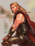  1boy bare_shoulders beard blonde_hair blue_eyes cape check_copyright copyright_request facial_hair from_side full_beard highres long_hair looking_to_the_side male_focus marvel mature_male muscular muscular_male mustache red_cape sideburns sleeveless solo standing thor_(marvel) triceps unfinished yi_lee 