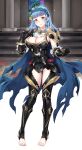  1girl alternate_costume armor armored_leotard ascot black_armor black_gloves blue_cape blue_hair blue_hairband blunt_bangs breasts brown_eyes cape cleavage closed_mouth commentary commission corrin_(female)_(fire_emblem) corrin_(female)_(fire_emblem)_(cosplay) corrin_(female)_(nohr_noble)_(fire_emblem) corrin_(fire_emblem) cosplay english_commentary feet fire_emblem fire_emblem:_three_houses fire_emblem_fates fire_emblem_heroes fire_emblem_warriors:_three_hopes gauntlets gloves hairband highres igni_tion indoors lace-trimmed_hairband lace_trim large_breasts long_hair looking_at_viewer marianne_von_edmund no_shoes official_alternate_hairstyle plackart shoulder_armor smile solo stirrup_legwear toeless_legwear toenails toes torn_cape torn_clothes white_ascot 