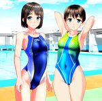  2girls absurdres armpits arms_behind_head black_hair blue_eyes blue_sky blue_swimsuit breasts brown_hair cameltoe clothes_writing cloud collarbone commentary_request competition_swimsuit covered_navel cowboy_shot day highres lane_line looking_at_viewer multicolored_clothes multicolored_swimsuit multiple_girls one-piece_swimsuit original outdoors parted_lips pool poolside presenting_armpit short_hair sky small_breasts standing string_of_flags swimsuit takafumi thigh_gap 