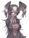  1girl ascot bird_girl bird_wings black_hair black_shirt brown_ascot brown_shirt circlet don3 hair_between_eyes head_wings kemono_friends kemono_friends_3 long_hair long_sleeves multicolored_hair official_alternate_costume red_eyes scarf shirt solo striated_caracara_(kemono_friends) striped striped_ascot two-tone_hair two-tone_neckwear two-tone_shirt upper_body white_ascot white_hair wings 