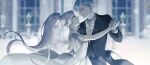  1boy 1girl ballroom blue_theme blurry bokeh bow bowtie braid choker couple dancing depth_of_field earrings elf eye_contact face-to-face floating_hair formal frieren hand_on_another&#039;s_shoulder hand_on_another&#039;s_waist hetero highres himmel_(sousou_no_frieren) holding_hands indoors jacket jewelry korean_commentary light_particles looking_at_another monochrome mungg_kki official_alternate_costume outstretched_arm pants pointy_ears ponytail profile shirt short_hair short_sleeves smile sousou_no_frieren tailcoat traditional_bowtie tuxedo twintails upper_body vest wide_sleeves 