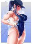  1girl adjusting_clothes adjusting_swimsuit ass bare_shoulders blue_archive blue_eyes blue_hair blush breasts competition_swimsuit covered_navel groin halo hat looking_at_viewer one-piece_swimsuit open_mouth ponytail saori_(blue_archive) shiriya sideboob solo swimsuit wet 