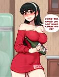  1girl :d alcohol artist_name bare_shoulders black_hair blush blushyspicy bottle breasts cleavage cowboy_shot dress earrings english_commentary english_text hairband highres holding holding_bottle indoors jewelry large_breasts long_hair long_sleeves looking_at_viewer no_legwear off-shoulder_dress off-shoulder_sweater off_shoulder red_eyes red_sweater refrigerator sidelocks smile solo speech_bubble spy_x_family sweater sweater_dress yor_briar 