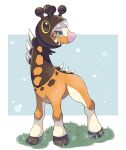  animal_focus artist_name blue_background bright_pupils closed_mouth commentary_request farigiraf green_eyes highres hooves iwasi_29 no_humans on_grass pokemon pokemon_(creature) smile twitter_username two-tone_background white_background 