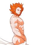  1boy areolae arm_hair ass bara beard chest_hair cloak covering covering_crotch facial_hair frown large_pectorals lion_hair looking_at_viewer lysandre_(pokemon) male_focus mature_male muscular muscular_male naked_cloak orange_hair pectorals pokemon pokemon_(game) pokemon_xy short_hair solo topless_male white_background zephleit 