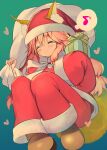  1girl absurdres animal_ear_fluff animal_ears blush boots box christmas closed_eyes fate/samurai_remnant fate_(series) fox_ears fox_girl fox_tail gift gift_box hat heart highres holding holding_sack long_hair mogullaz musical_note pink_hair sack santa_costume santa_hat sleeves_past_fingers sleeves_past_wrists smile solo spoken_musical_note tail tamamo_(fate) tamamo_aria_(fate) 