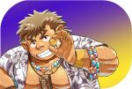  1boy andvari_(housamo) arm_hair bara bare_pectorals blush bracelet chest_hair dark-skinned_male dark_skin ei_(marutendon) gold_coin grin hairy hawaiian_shirt head_tilt jewelry looking_at_viewer male_focus multiple_rings muscular muscular_male necklace nipples open_clothes open_shirt pectorals plump pointy_ears ring shirt short_hair sideburns smile solo thick_eyebrows tokyo_afterschool_summoners upper_body 