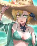  1girl au_ra bikini blonde_hair blurry blurry_background breasts cleavage dragon_horns final_fantasy final_fantasy_xiv flower green_bikini green_eyes green_jacket hat hat_flower heterochromia highres holding holding_clothes holding_hat horns jacket jewelry kawasumi_mahiro large_hat looking_at_viewer multicolored_hair multiple_bracelets necklace ocean open_mouth scales short_hairt small_breasts smile solo straw_hat streaked_hair swimsuit teeth upper_body upper_teeth_only warrior_of_light_(ff14) yellow_eyes 
