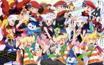  4girls 6+boys :d ;d arm_up barry_(pokemon) beanie black_hair black_legwear blonde_hair blue_hair blue_pants boots bracelet brown_pants chatot chibi chimchar closed_mouth commentary_request dawn_(pokemon) dress eating empoleon food green_scarf grin hair_ornament hairclip hand_up hands_up happy hat heart highres holding holding_food holding_poke_ball jewelry knee_boots long_hair looking_at_another looking_at_viewer lucas_(pokemon) magmortar multiple_boys multiple_girls multiple_persona munchlax one_eye_closed onigiri open_mouth pants pink_footwear piplup poke_ball poke_ball_(basic) pokemon pokemon_(anime) pokemon_(creature) pokemon_(game) pokemon_adventures pokemon_bdsp pokemon_dppt pokemon_dppt_(anime) poketch red_headwear red_scarf ring sawarabi_(sawarabi725) scarf shirt short_dress short_hair short_sleeves sleeveless sleeveless_dress smile sparkle speech_bubble striped striped_shirt turtwig twitter_username w watch white_headwear wristwatch 