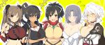  5girls ahoge anniversary asuka_(senran_kagura) asymmetrical_sleeves bangs bare_shoulders black_cape black_hair bow breast_squeeze breasts brown_eyes brown_hair bun_cover calligraphy_brush cape cleavage collarbone commentary_request detached_sleeves double_bun earrings green_eyes green_neckerchief grey_hair hair_bow hair_ribbon high_collar highres homura_(senran_kagura) jacket jacket_on_shoulders japanese_clothes jewelry kimono large_breasts light_blue_eyes long_hair looking_at_viewer low_neckline midriff miyabi_(senran_kagura) multiple_girls navel neckerchief necklace off-shoulder_kimono official_style paintbrush parted_bangs partial_commentary puffy_short_sleeves puffy_sleeves red_scarf renka_(senran_kagura) ribbon scarf school_uniform senran_kagura short_hair short_ponytail short_sleeves spiked_hair sweater_vest tan tenpesuto tomoe_(symbol) uneven_sleeves upper_body vest white_bow white_hair white_jacket white_kimono white_ribbon yellow_eyes yellow_vest yumi_(senran_kagura) 