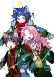  3boys ? absurdres animal_ears antenna_hair bird_boy bird_ears blue_hair blue_mittens cat_boy cat_ears chinese_commentary christmas christmas_lights christmas_sweater closed_eyes commentary_request fox_boy fox_ears green_jacket green_pants grey_hair harada_minoru hatsutori_hajime highres jacket kemonomimi_mode long_hair long_sleeves male_focus mittens multiple_boys no_nose open_clothes open_jacket open_mouth pale_skin pants pink_hair red_eyes red_scarf red_sweater ribbed_sweater saibou_shinkyoku scarf short_hair simple_background sketch smile star_(symbol) striped striped_scarf sweat sweater turtleneck turtleneck_sweater utsugi_yuuki vertical-striped_scarf vertical_stripes white_background white_scarf wotmyijingwuyuwuqiule 