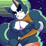 anthro avocato bodily_fluids clothed clothing digital_media_(artwork) domestic_cat erection felid feline felis final_space fizzyjay fur genitals hi_res looking_at_viewer male mammal muscular muscular_male nipples pecs penis solo ventrexian