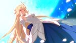  1girl antenna_hair archetype_earth arcueid_brunestud bare_shoulders blonde_hair detached_sleeves dress game_cg gold_trim highres long_hair melty_blood melty_blood:_type_lumina official_art red_eyes solo takeuchi_takashi tsukihime tsukihime_(remake) white_dress 