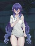  1girl absurdres alternate_costume ass_visible_through_thighs black_panties blue_hair blush bwcloud commentary_request cowboy_shot drill_hair drill_sidelocks genshin_impact hair_between_eyes hand_on_own_hip highres layla_(genshin_impact) long_hair looking_at_viewer no_pants off-shoulder_shirt off_shoulder panties pointy_ears shirt short_sleeves sidelocks single_bare_shoulder solo standing thighs underwear very_long_hair white_shirt yellow_eyes 