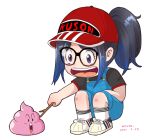  1girl black_hair blue_hair commentary cosplay dated dr._slump english_commentary full_body glasses hat kivo kson multicolored_hair norimaki_arale norimaki_arale_(cosplay) open_mouth overalls ponytail purple_eyes real_life red_headwear signature smile solo squatting stick streaked_hair transparent_background two-tone_hair 
