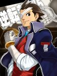  1boy ace_attorney apollo_justice bandage_over_one_eye bandaged_arm bandages blue_coat blue_necktie brown_hair cha_kuro_(limo) clenched_hand closed_mouth coat coat_on_shoulders jacket male_focus necktie official_style phoenix_wright:_ace_attorney_-_dual_destinies red_jacket shirt short_hair smile solo translation_request upper_body white_shirt 