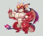 anthro arm_spikes big_ears big_muscles black_body black_scales crimsonrabbit dragon elbow_spikes embers fire flaming_horn flaming_tail green_eyes hi_res huge_muscles hyper hyper_muscles male muscular red_body red_scales scales simple_background smile smolder_(lol) snaggle_tooth solo spikes spikes_(anatomy) tail tooth_smile wings yellow_body yellow_scales