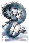  1girl blue_eyes bodysuit breasts crop_top fish forehead_jewel helmet highres holding holding_weapon leviathan_(mega_man) leviathan_(mythology) medium_breasts mega_man_(series) mega_man_zero_(series) touhou3939 weapon white_bodysuit 