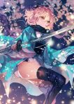  1girl ahoge bangs black_bow black_legwear black_scarf blonde_hair blurry blurry_background bow closed_mouth cowboy_shot fate/grand_order fate_(series) hair_between_eyes hair_bow hand_up haori holding holding_sword holding_weapon japanese_clothes katana kimono long_sleeves looking_at_viewer medium_hair messy_hair obi okita_souji_(fate) okita_souji_(koha/ace) petals rioka_(southern_blue_sky) sash scarf short_kimono sidelocks solo sword tassel thighhighs thighs weapon wide_sleeves 