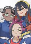  1boy 2girls amarys_(pokemon) belt black_hair blue_trim buttons carmine_(pokemon) closed_mouth collarbone colored_inner_hair commentary_request dark-skinned_female dark_skin eyelashes frown glasses green_eyes hairband kieran_(pokemon) long_hair mizuiro123 mole mole_under_eye multicolored_hair multiple_girls open_mouth pink_lips pokemon pokemon_sv purple_hair red_hair red_shirt shirt short_hair simple_background sleeveless sleeveless_shirt sweat two-tone_hair v-shaped_eyebrows white-framed_eyewear white_background yellow_eyes yellow_hairband 