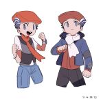  2boys :d clenched_hands closed_mouth commentary_request dated dual_persona grey_eyes hat highres jacket long_sleeves looking_up lucas_(pokemon) male_focus multiple_boys open_clothes open_jacket open_mouth pants petoke pokemon pokemon_(game) pokemon_dppt pokemon_platinum scarf short_hair short_sleeves simple_background smile teeth tongue upper_teeth white_background white_scarf 
