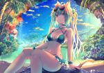  1girl ahoge alternate_costume alternate_hairstyle animal_ears atalanta_(fate) bikini breasts bright_pupils closed_mouth fate/grand_order fate_(series) feet_out_of_frame green-framed_eyewear green_bikini green_eyes green_hair kaze_minoru_so-ru knees_together_feet_apart legs looking_at_viewer medium_breasts outdoors palm_tree rock sitting sitting_on_rock sky solo sunglasses swimsuit tail tree twintails water waterfall white_pupils 