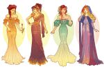  4girls ariel_(disney) aurora_(disney) beauty_and_the_beast belle_(disney) blonde_hair bracelet closed_eyes commentary disney dress english_commentary hannahartwork hercules_(1997_film) jewelry long_dress long_hair looking_to_the_side megara_(disney) multiple_girls puffy_short_sleeves puffy_sleeves red_hair short_sleeves simple_background sleeping_beauty strapless strapless_dress the_little_mermaid white_background 