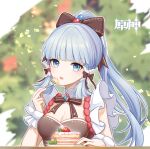  1girl alternate_costume bangs blue_eyes blunt_bangs blurry blurry_background bow bowtie breasts brown_bow brown_bowtie brown_dress cake chinese_commentary cleavage commentary_request copyright_name depth_of_field dress eating food fork fruit genshin_impact hair_bobbles hair_bow hair_ornament hair_tubes head_tilt high_ponytail highres holding holding_fork kamisato_ayaka light_blue_hair long_hair looking_at_viewer mole mole_under_eye open_mouth plate ponytail que_meng_meng shiny shiny_hair sidelocks sleeveless sleeveless_dress small_breasts solo sparkle strawberry upper_body wrist_cuffs 