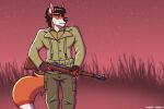 anthro canid canine clothed clothing cxeroannuki fox gun hi_res male mammal mullet ranged_weapon rifle simple_background smile soldier soldier_uniform solo standing star uniform warrior weapon world_war_2