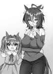 2girls :d :o absurdres agnes_tachyon_(umamusume) ahoge alternate_costume animal_ears bare_shoulders breasts cleavage daiwa_scarlet_(umamusume) earrings fang finger_to_mouth greyscale hairband highres horse_ears horse_girl horse_tail jewelry large_breasts looking_at_viewer monochrome mother_and_daughter multiple_girls nonexistent_memories_(jujutsu_kaisen) off-shoulder_shirt off_shoulder open_mouth pants ring ryochapu shirt short_hair single_earring smile tail twintails umamusume wedding_band younger 