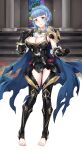  1girl alternate_costume armor armored_leotard ascot black_armor black_gloves blue_cape blue_hair blunt_bangs braid breasts brown_eyes cape cleavage closed_mouth commentary commission corrin_(female)_(fire_emblem) corrin_(female)_(fire_emblem)_(cosplay) corrin_(female)_(nohr_noble)_(fire_emblem) corrin_(fire_emblem) cosplay crown_braid english_commentary feet fire_emblem fire_emblem:_three_houses fire_emblem_fates fire_emblem_heroes gauntlets gloves highres igni_tion indoors large_breasts marianne_von_edmund no_shoes plackart short_hair shoulder_armor sidelocks smile solo stirrup_legwear toeless_legwear toenails toes torn_cape torn_clothes white_ascot 
