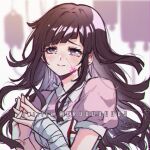  1girl apron artist_name bandaged_arm bandages bangs blood blood_on_face blush breasts commentary criis-chan crying crying_with_eyes_open danganronpa_(series) danganronpa_2:_goodbye_despair eyebrows_visible_through_hair long_hair looking_at_viewer mole mole_under_eye open_mouth pink_background pink_blood shiny shiny_hair shirt short_sleeves solo symbol-only_commentary tears tsumiki_mikan upper_body white_background 