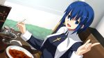  1girl blue_eyes blue_hair ciel_(tsukihime) curry food game_cg highres holding holding_spoon melty_blood melty_blood:_type_lumina nun official_art short_hair sitting spoon takeuchi_takashi tsukihime tsukihime_(remake) 