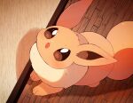  blush brown_eyes commentary_request eevee from_above highres indoors looking_up no_humans open_mouth pokemon pokemon_(creature) solo toes wooden_floor yupo_0322 