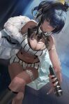  1girl bare_shoulders between_breasts black_hair black_necktie blazpu blonde_hair blue_eyes blurry blurry_background breasts character_name cleavage coat crossed_bangs crossed_legs dark-skinned_female dark_skin earrings goddess_of_victory:_nikke grin hair_between_eyes highres holding holding_microphone indoors jewelry kneehighs large_breasts long_hair looking_at_viewer microphone multicolored_hair nail_polish navel necktie necktie_between_breasts noise_(classic_diva)_(nikke) noise_(nikke) open_clothes open_coat outstretched_arm parted_lips short_shorts shorts smile socks solo striped striped_shorts thighs tile_floor tiles two-tone_hair vertical-striped_shorts vertical_stripes white_coat white_nails white_shorts 