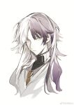  1boy black_sweater bungou_stray_dogs chinese_commentary closed_mouth collared_vest commentary_request cui_(jidanhaidaitang) earrings eyelashes frown grey_vest highres jacket jewelry long_hair looking_at_viewer male_focus multicolored_hair necktie orange_necktie purple_eyes purple_hair sigma_(bungou_stray_dogs) simple_background single_earring solo sweater turtleneck turtleneck_sweater two-tone_hair upper_body vest watermark weibo_logo weibo_username white_background white_hair white_jacket 