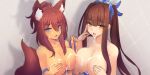  2girls animal_ear_fluff animal_ears areolae asymmetrical_docking bangs blue_bra blue_eyes blue_ribbon blunt_bangs bra bra_pull breast_press breasts brown_hair clothes_pull collarbone commentary covering covering_one_breast cum cum_on_body cum_on_breasts dark_skin english_commentary eyebrows_visible_through_hair facial fox_ears fox_tail hair_between_eyes hair_ribbon hand_on_own_chest hands_up highres kazu-koto large_breasts looking_at_viewer matsuko_(kazu-koto) multiple_girls open_mouth original red_hair ribbon sayuri_(kazu-koto) tail teeth twintails underwear upper_teeth yellow_eyes 