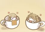  2girls azur_lane butterfly_hair_ornament chibi closed_eyes closed_mouth cup d: dunkerque_(azur_lane) eating food formidable_(azur_lane) grey_hair hair_ornament holding holding_food in_container in_cup koti long_hair macaron multiple_girls open_mouth purple_eyes simple_background twintails x_hair_ornament yellow_background 