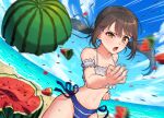  1girl beach bikini black_hair blue_bikini blue_sky breasts cleavage clenched_hand cloud collarbone commentary day food frown fruit half-closed_eye highres idolmaster idolmaster_cinderella_girls kamille_(vcx68) karate long_hair looking_ahead looking_at_viewer medium_breasts nakano_yuka navel ocean open_mouth outdoors revision sand sidelocks sky solo standing stomach suikawari swimsuit thighs toned twintails watermelon watermelon_slice white_bikini yellow_eyes 