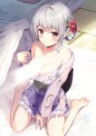  1girl ahoge alternate_costume alternate_hairstyle barefoot blush breasts cleavage closed_mouth collarbone commentary_request dress flower full_body grey_hair hair_flower hair_ornament highres indoors kishin_sagume large_breasts light_censor light_rays looking_at_viewer niko_kusa purple_dress red_eyes short_hair single_wing sitting smile solo touhou variant_set wariza wings 
