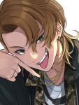  1boy arima_seigen brown_eyes brown_hair camouflage chain_necklace earrings fang hand_on_own_cheek hand_on_own_face highres hypnosis_mic hypnosis_mic:_rule_the_stage jacket jewelry kishinaito long_hair looking_at_viewer male_focus necklace parted_bangs smile solo tongue tongue_out uneven_eyes upper_body 