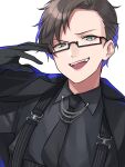  1boy adjusting_eyewear brown_hair chain collared_shirt glasses gloves green_eyes hand_on_eyewear highres hypnosis_mic iruma_jyuto jacket jacket_on_shoulders kishinaito looking_at_viewer male_focus necktie open_mouth shirt short_hair solo striped_suspenders suspenders upper_body v-shaped_eyebrows 