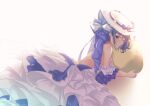 1girl absurdres arm_strap azur_lane backless_dress backless_outfit bare_shoulders bareback blue_bow blue_eyes blue_hair bow cheshire_(azur_lane) cheshire_(the_cat_and_the_white_steed)_(azur_lane) dress evening_gown frilled_dress frills from_above hair_bow hat highres layered_dress long_hair looking_at_viewer lying manjuu_(azur_lane) multicolored_hair natsuki_(tyuiojl) official_alternate_costume on_side purple_hair simple_background sleeveless sleeveless_dress solo streaked_hair sun_hat two-tone_hair white_background white_dress white_headwear 